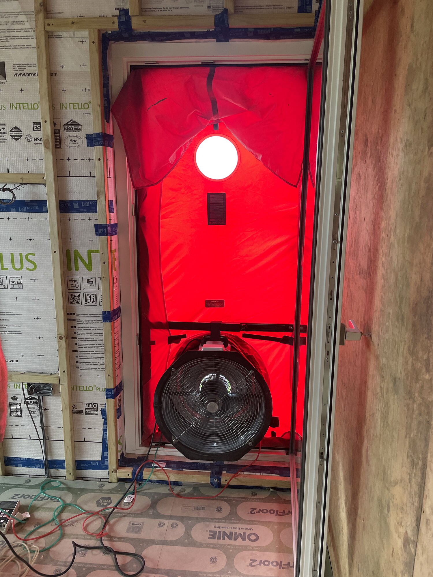 Blower door airtightness test, Fieldview Passivhaus build